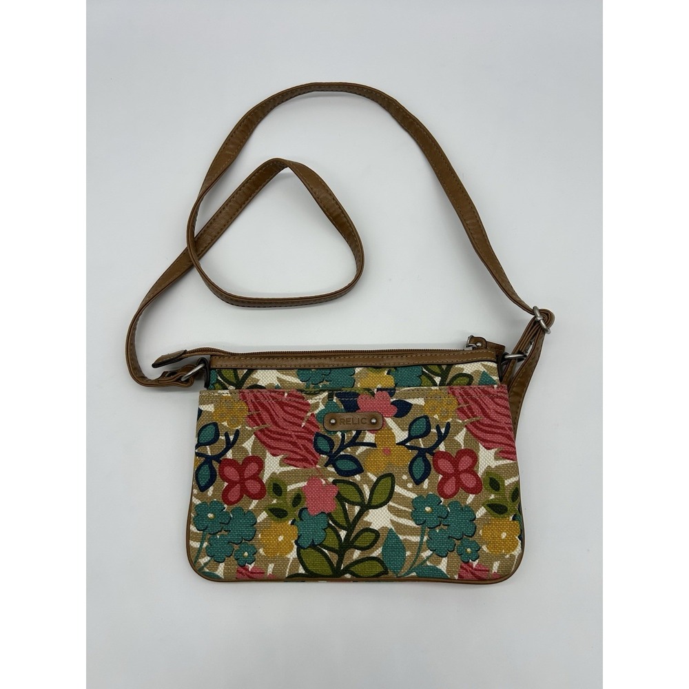 Relic by Fossil Floral Canvas Crossbody Bag Purse Boho Multi Color Brown Trim
